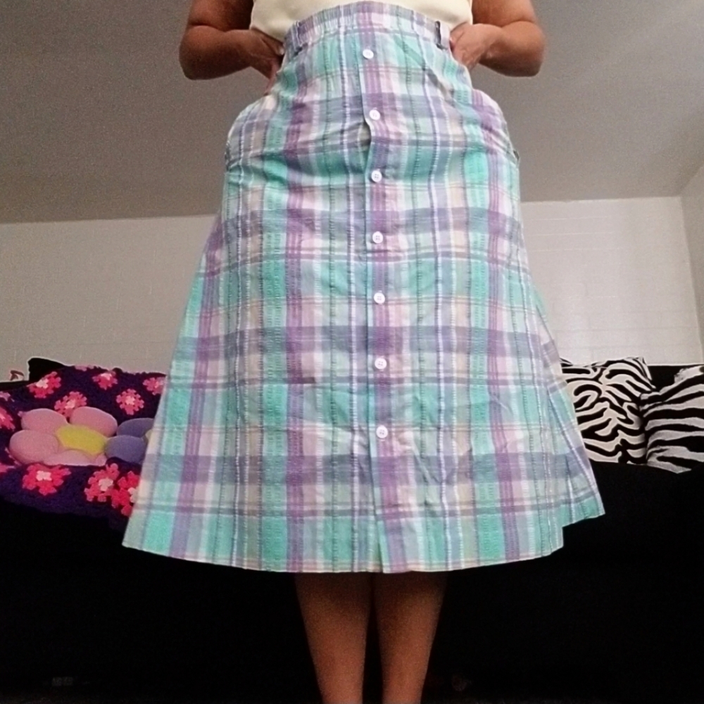 Vintage pastel plaid midi skirt